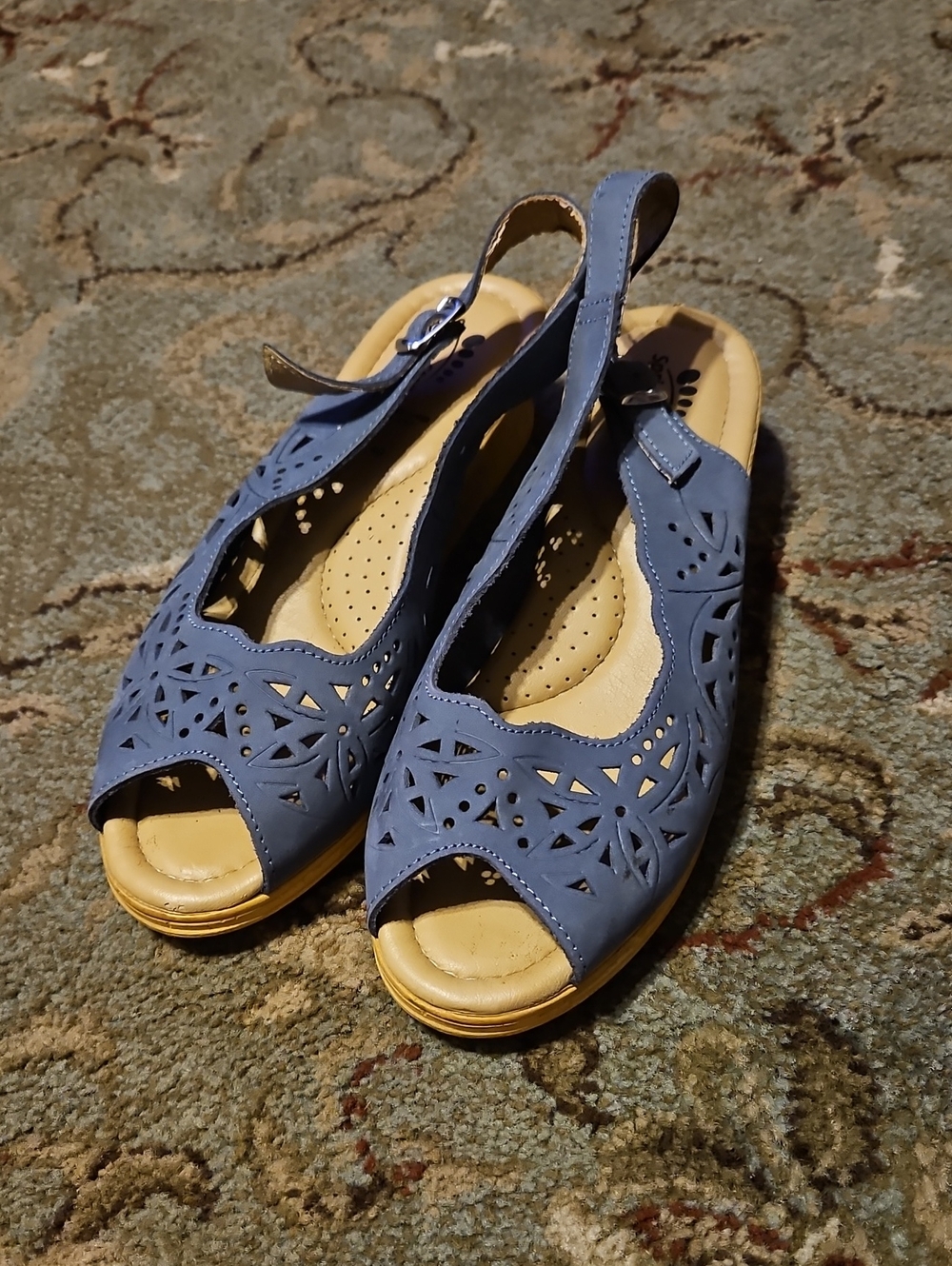 Spring Step Blue Laser-Cut Peep-Toe Slingback Sandals